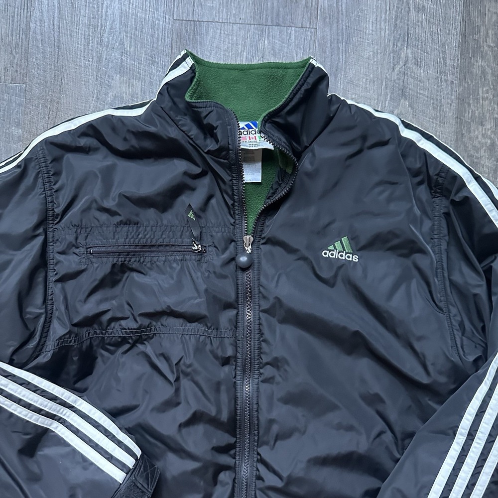 Vtg 90s Adidas Fleece Hooded Bomber Jacket Forest Green/Gray Men's Size M - Picture 2 of 6